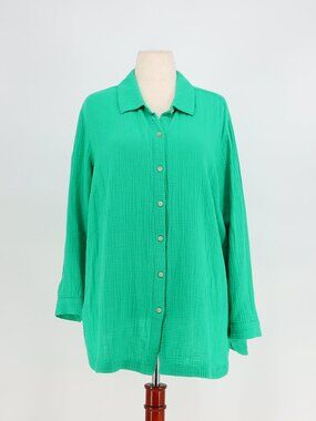 J.JILL Cotton-Gauze Split-Hem Tunic in Green Papaya Button Front Size XLp
